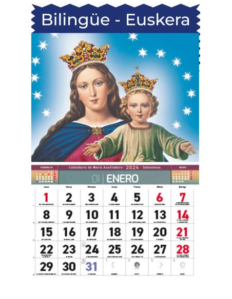 Calendario Faldilla María Auxiliadora Bilingüe Castellano-Euskera 12 Meses 2026